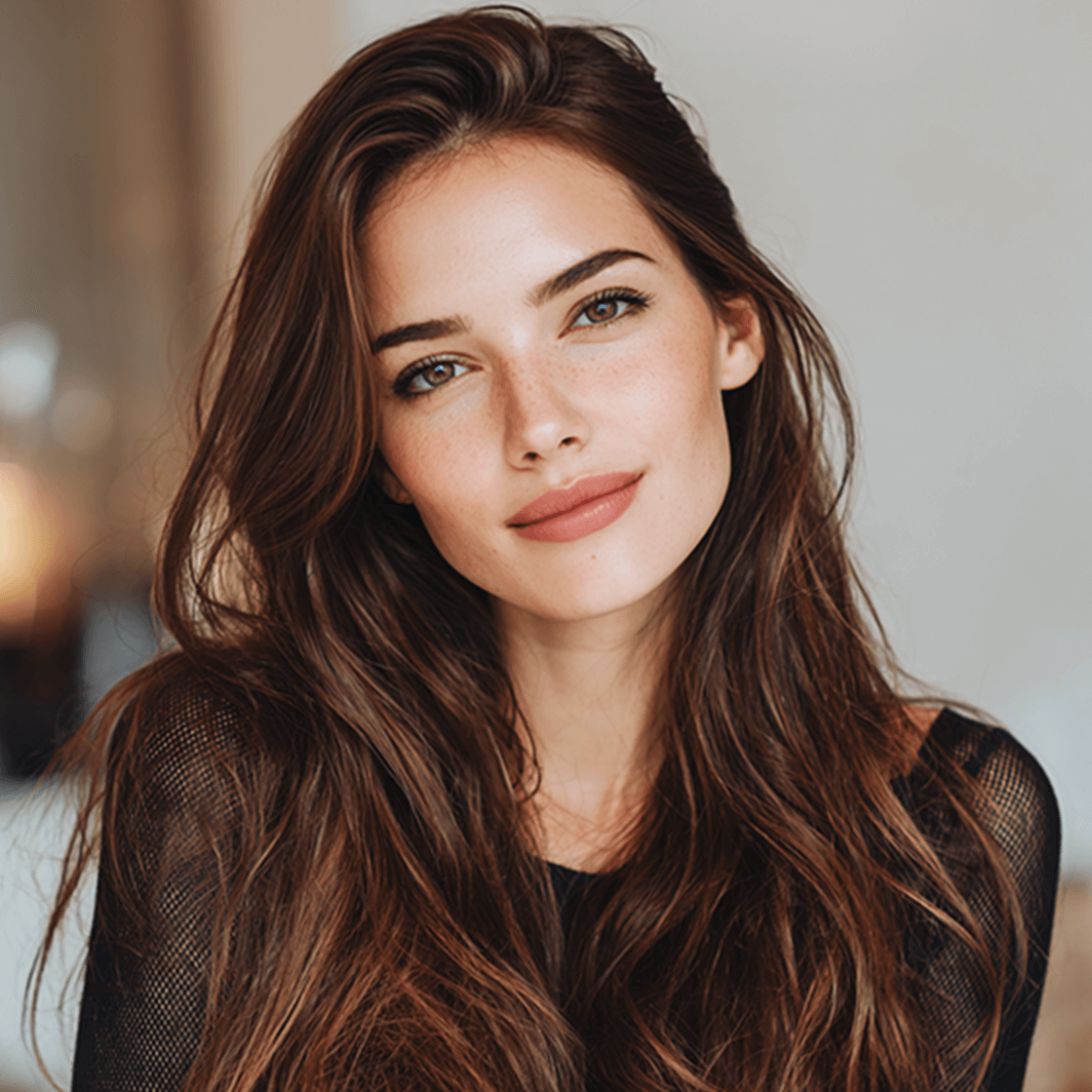 A beautiful woman with flowing long hair, naturally smooth and elegant hairstyle.