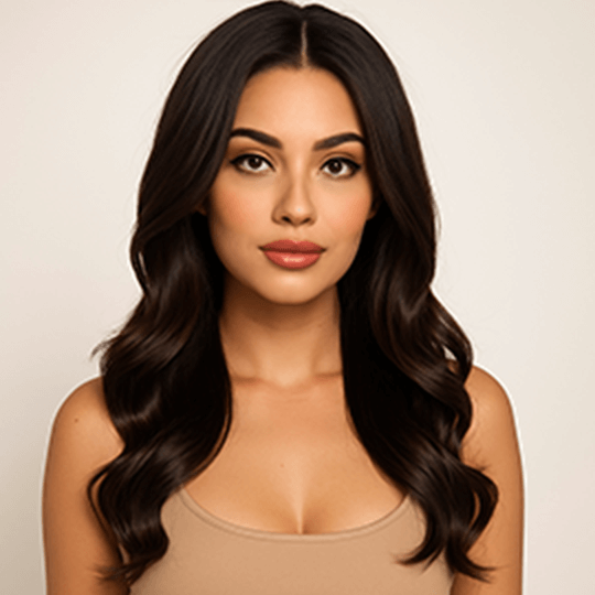 Woman with naturally cascading long hair, soft texture, gentle and graceful temperament.